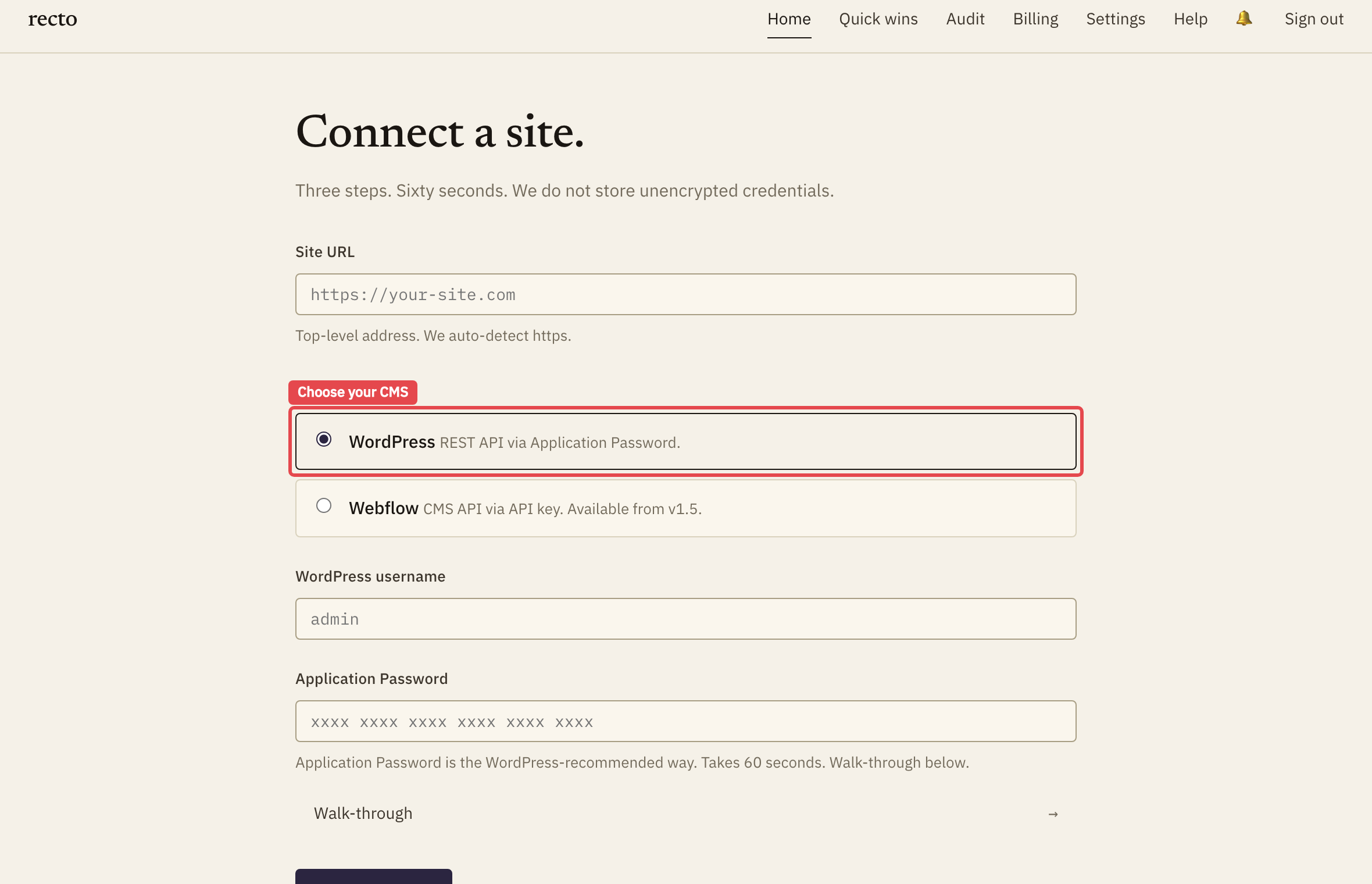 The add-a-site screen. A red box highlights the CMS choice where you pick WordPress.
