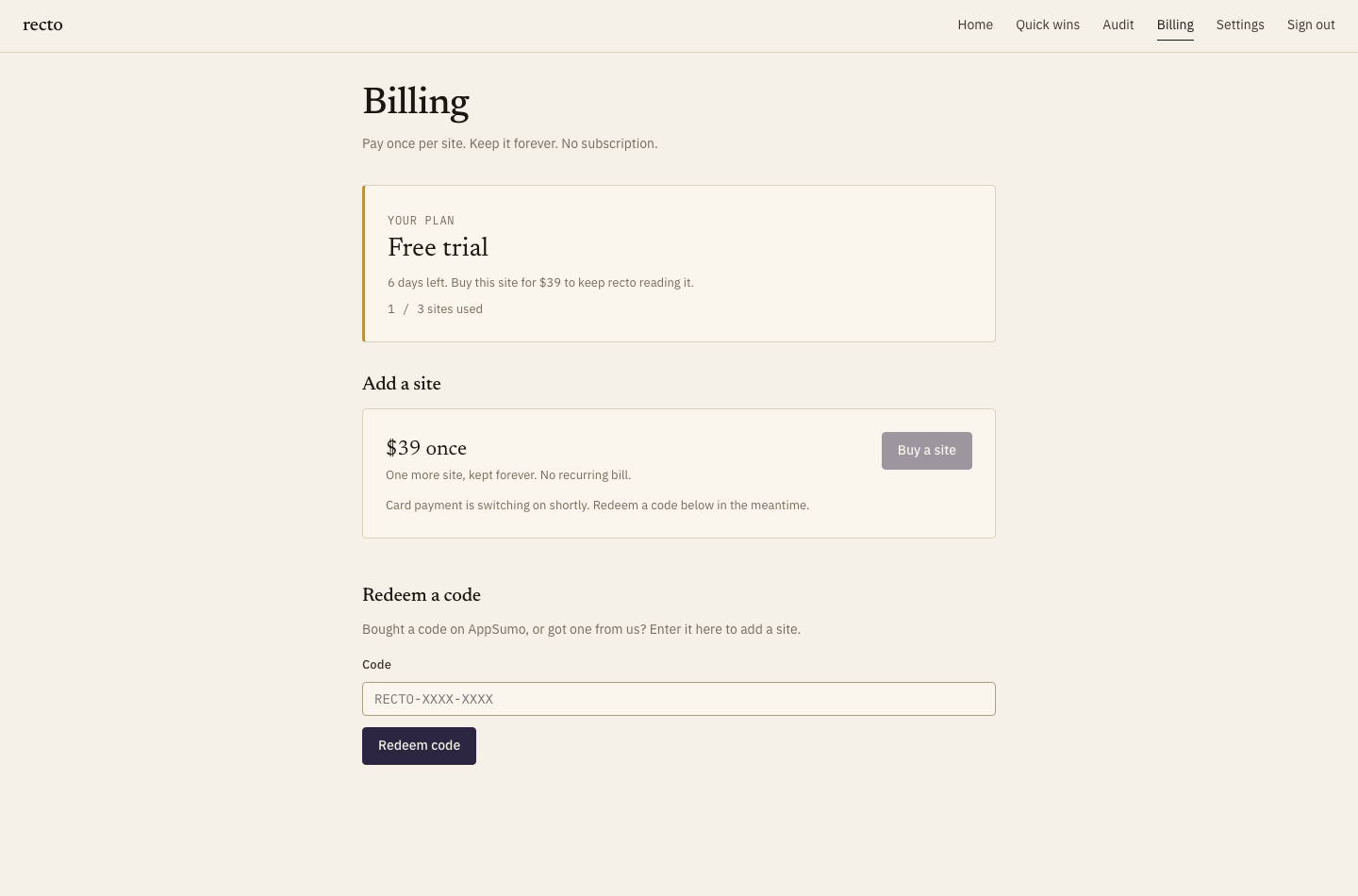 The billing screen showing the current plan, site allowance, and remaining anchor credits.