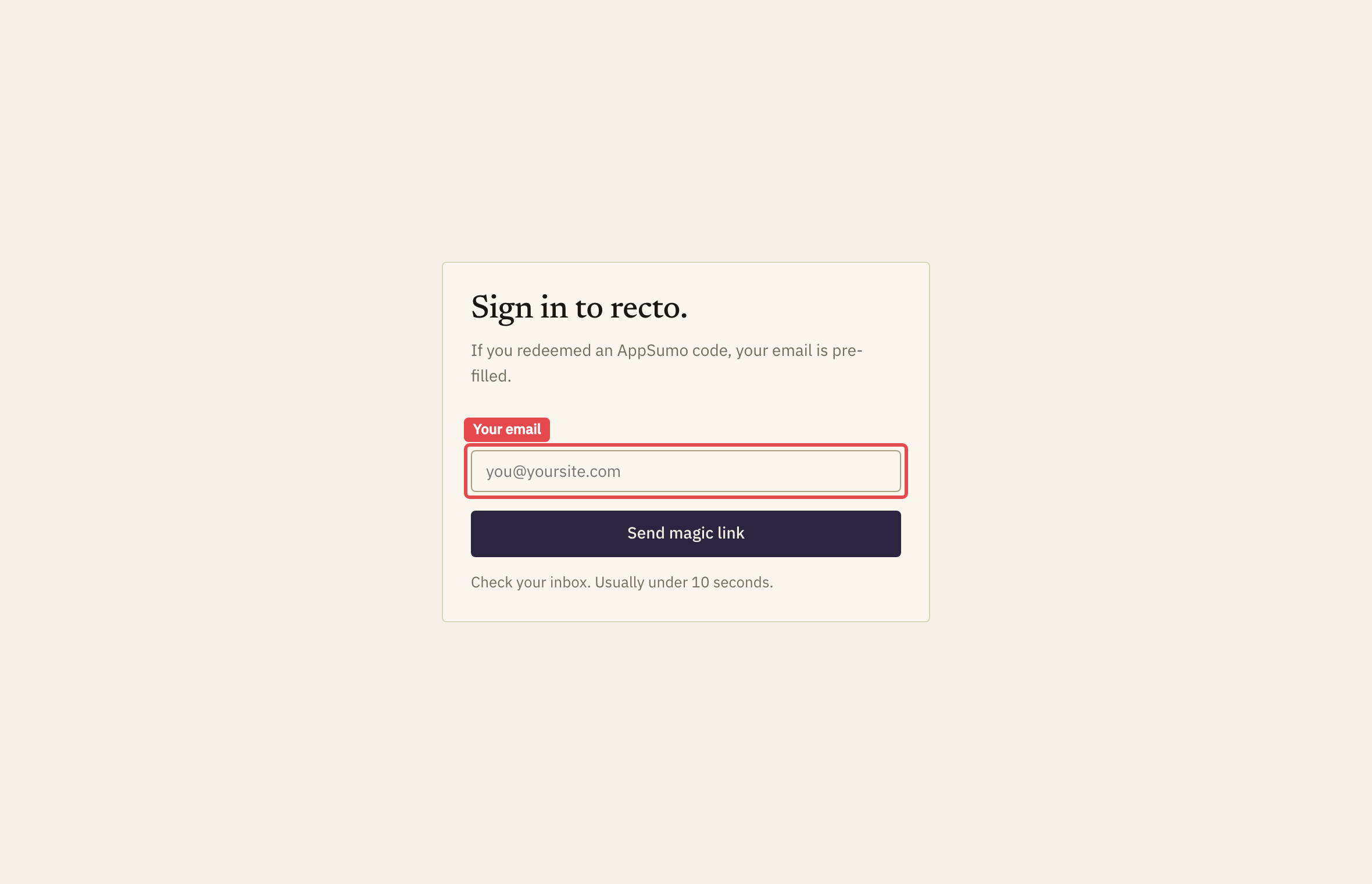 The recto sign-in screen. A red box highlights the email field where you request a magic link.