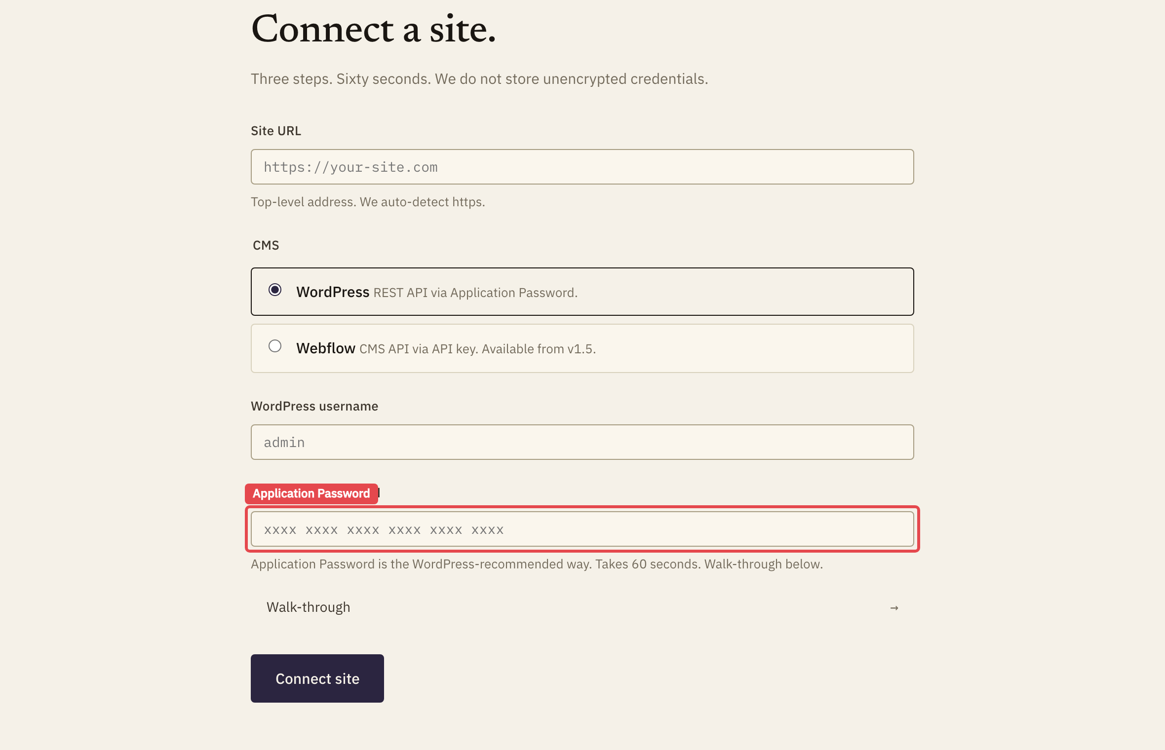 The recto connect-a-site screen. A red box highlights the Application Password field where you paste the WordPress credential.