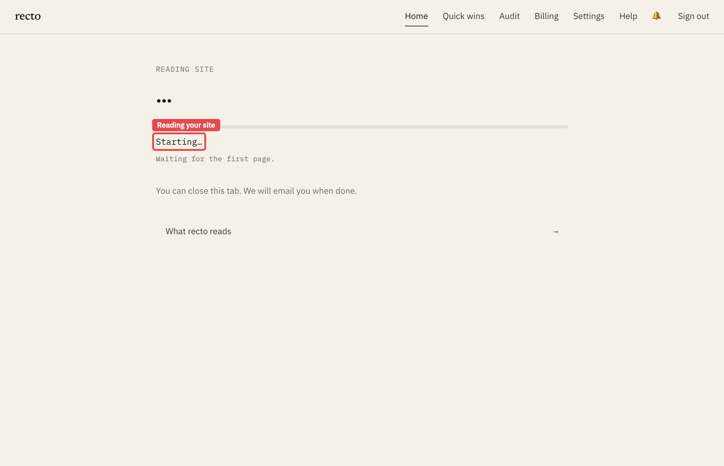 The crawl progress screen. A red box highlights the live page count as recto reads the site.