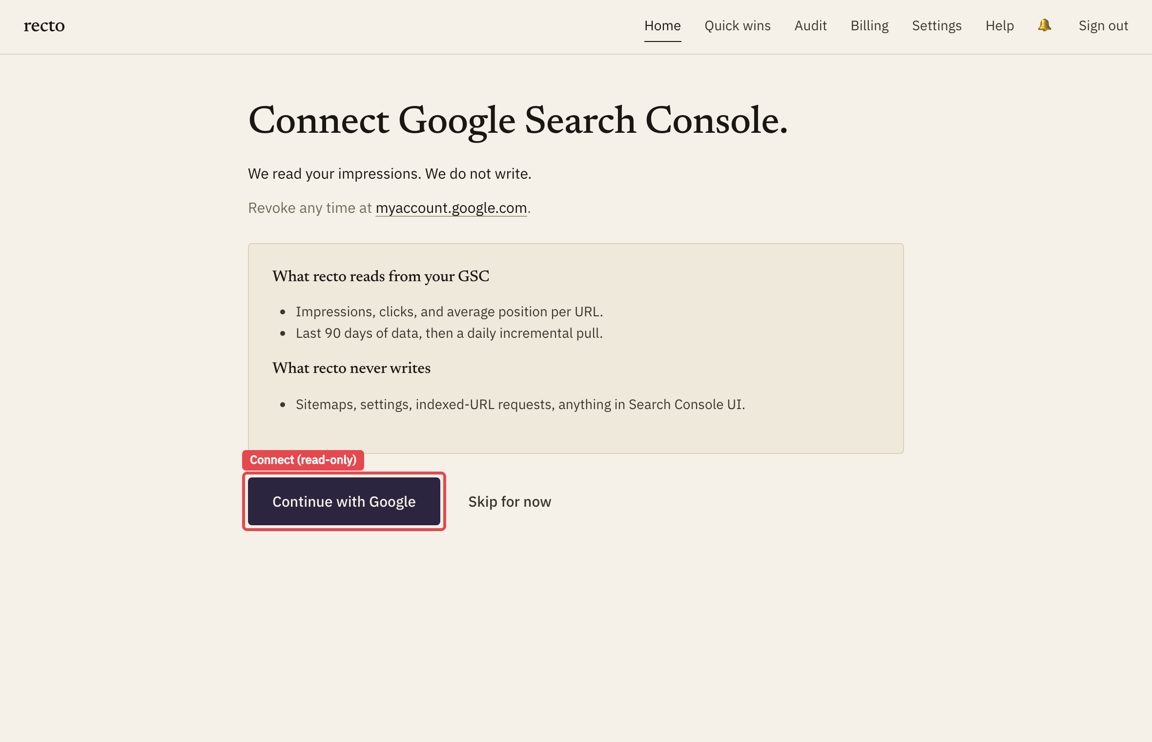 The recto Search Console screen. A red box highlights the Connect Google Search Console button.