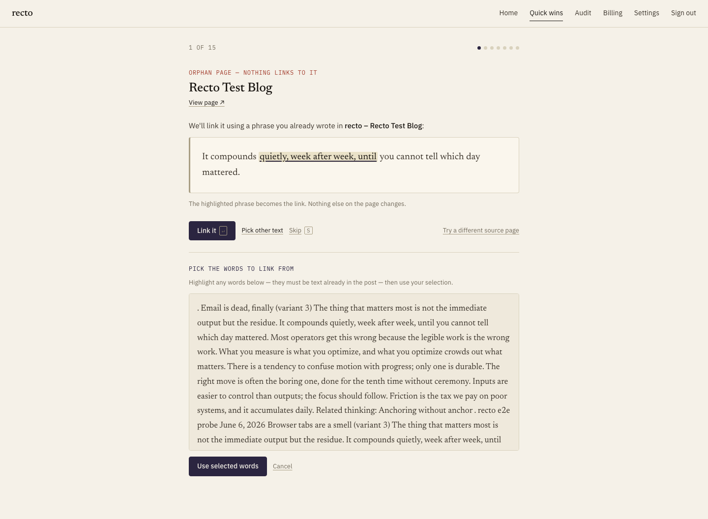 The quick-wins screen: an orphan page, with a phrase you already wrote shown highlighted as the proposed link, and the paragraph picker below it.