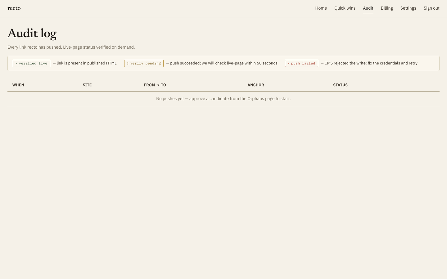 The audit log. The status legend reads 'verified live — link is present in published HTML', the state every push reaches once recto re-fetches the page.