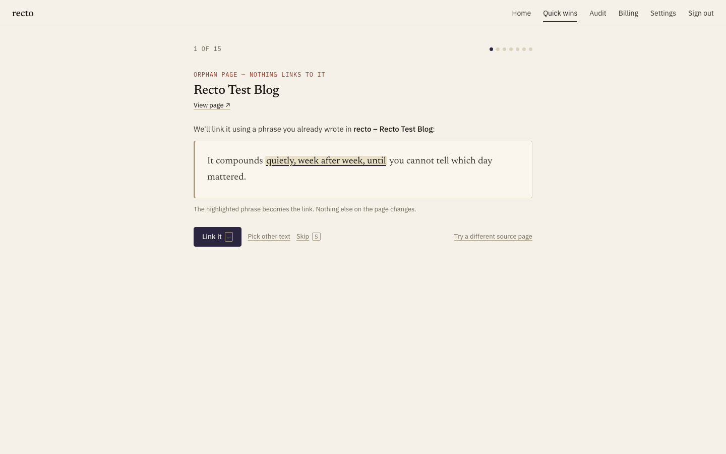The quick-wins screen: an orphan page with related posts below, each showing a phrase from your existing copy proposed as the anchor text.
