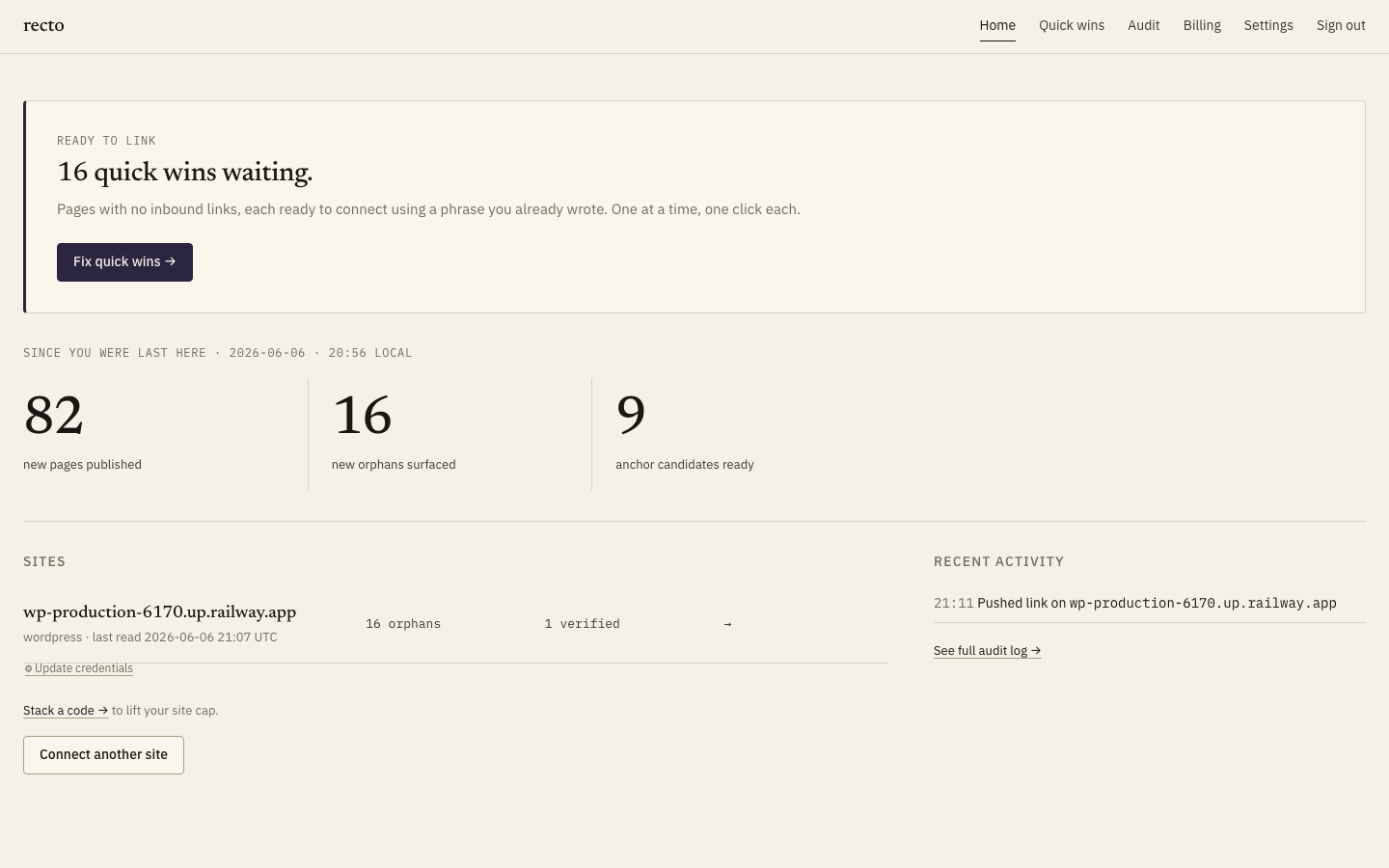 The workbench showing a list of orphan pages with their impression and ranking data.