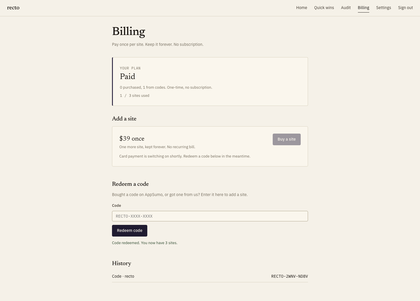 The billing screen. A red box highlights the field where you paste your redemption code.